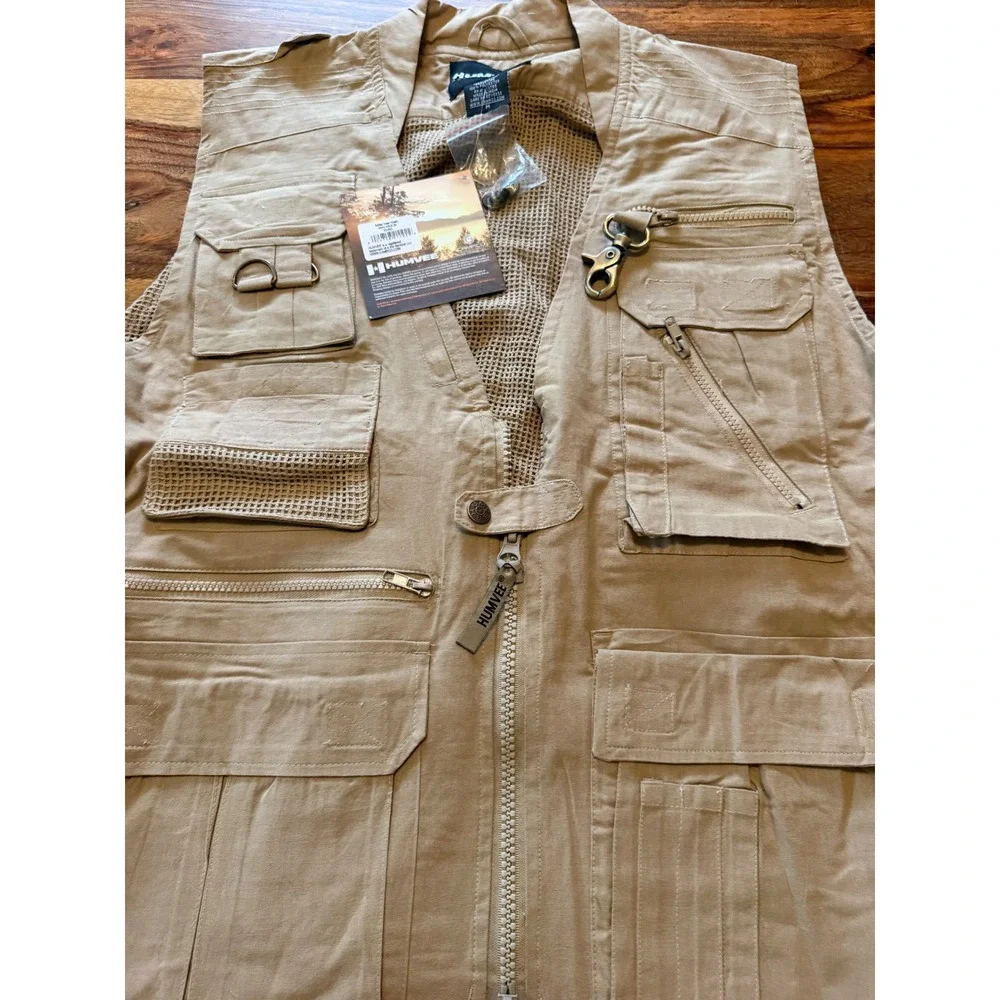 Humvee Mens Safari Photo Vest Khaki Cotton Utility Fishing Multi-Pocket Size M